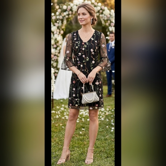 Spense Dresses & Skirts - Spense Black Embroidered Floral Dress Sheer Overlay Size 4